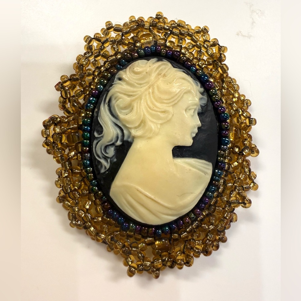 One of a kind- Vintage Cameo Brooch with Beaded Frame